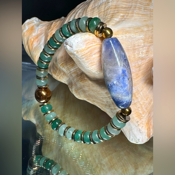 SODALITE + AVENTURINE + HEMATITE NATURAL BRACELET size 7” - Picture 3 of 15